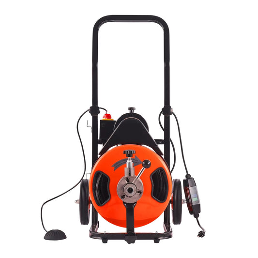 100 FT x 3/8 Inch Sewer Snake Machine Auto-Feed Drain Auger Cleaner 4 Cutters 1\" 4\" Pipes Orange Cleaning Tools Accessories