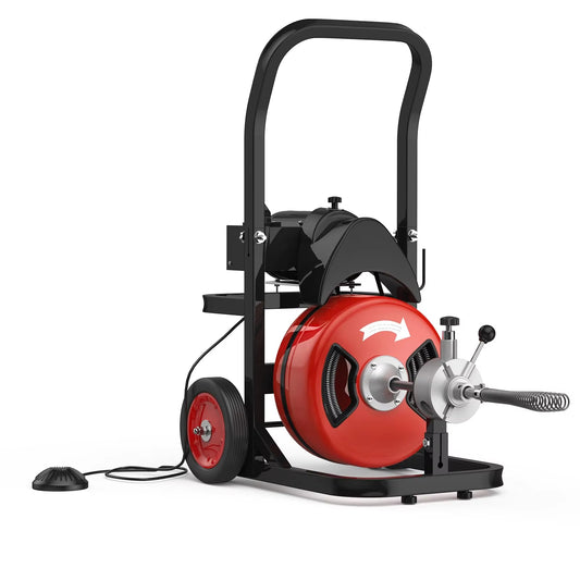 75ft X 1/2 Inch Drain Cleaner Machine 550W Snake with 4 Cutters Air-Activated 2\" 4\" Pipes 4 Cutters Foot Switch